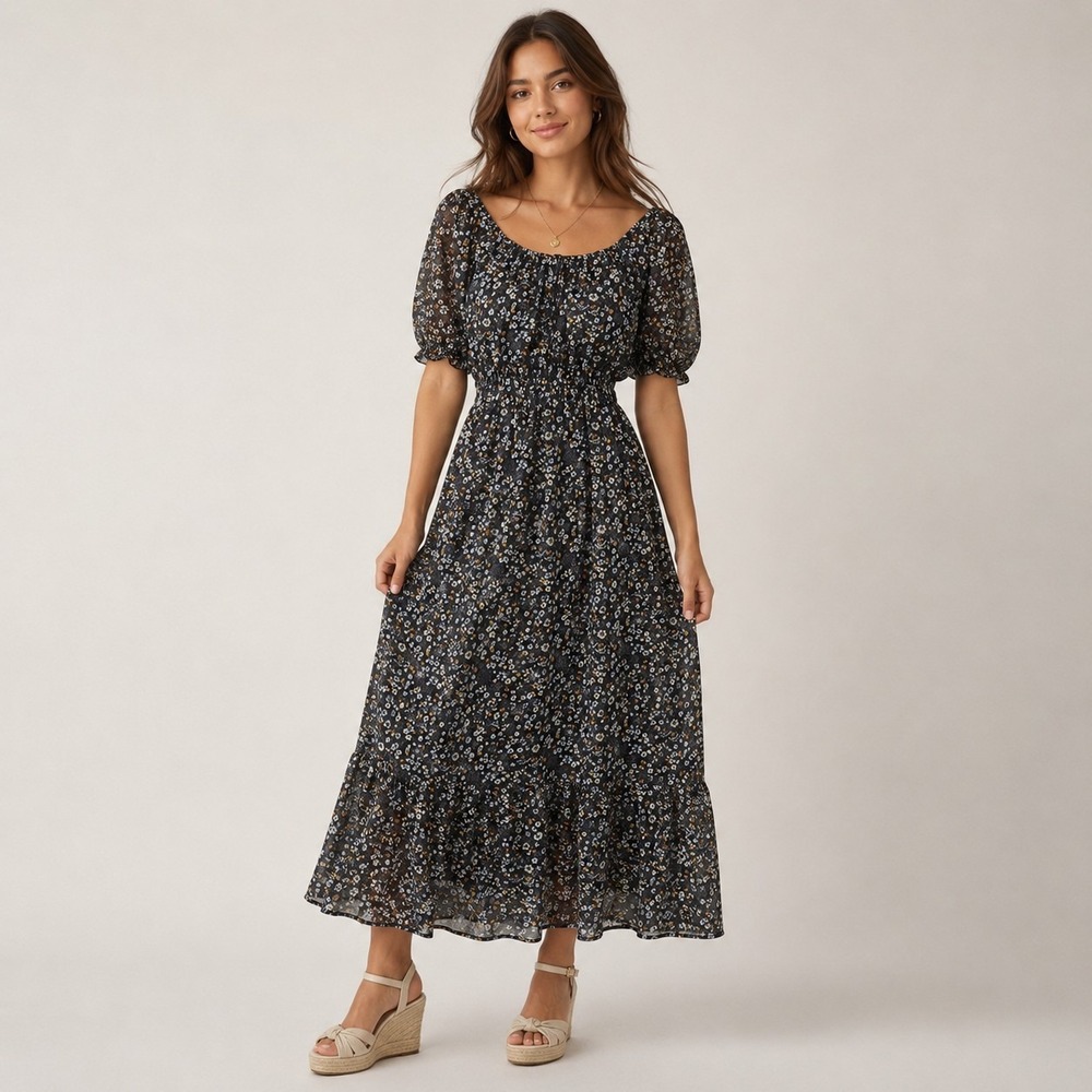 WALLFLOWER Size Medium Black Ditsy Floral Short Sleeve Cottagecore Maxi Dress